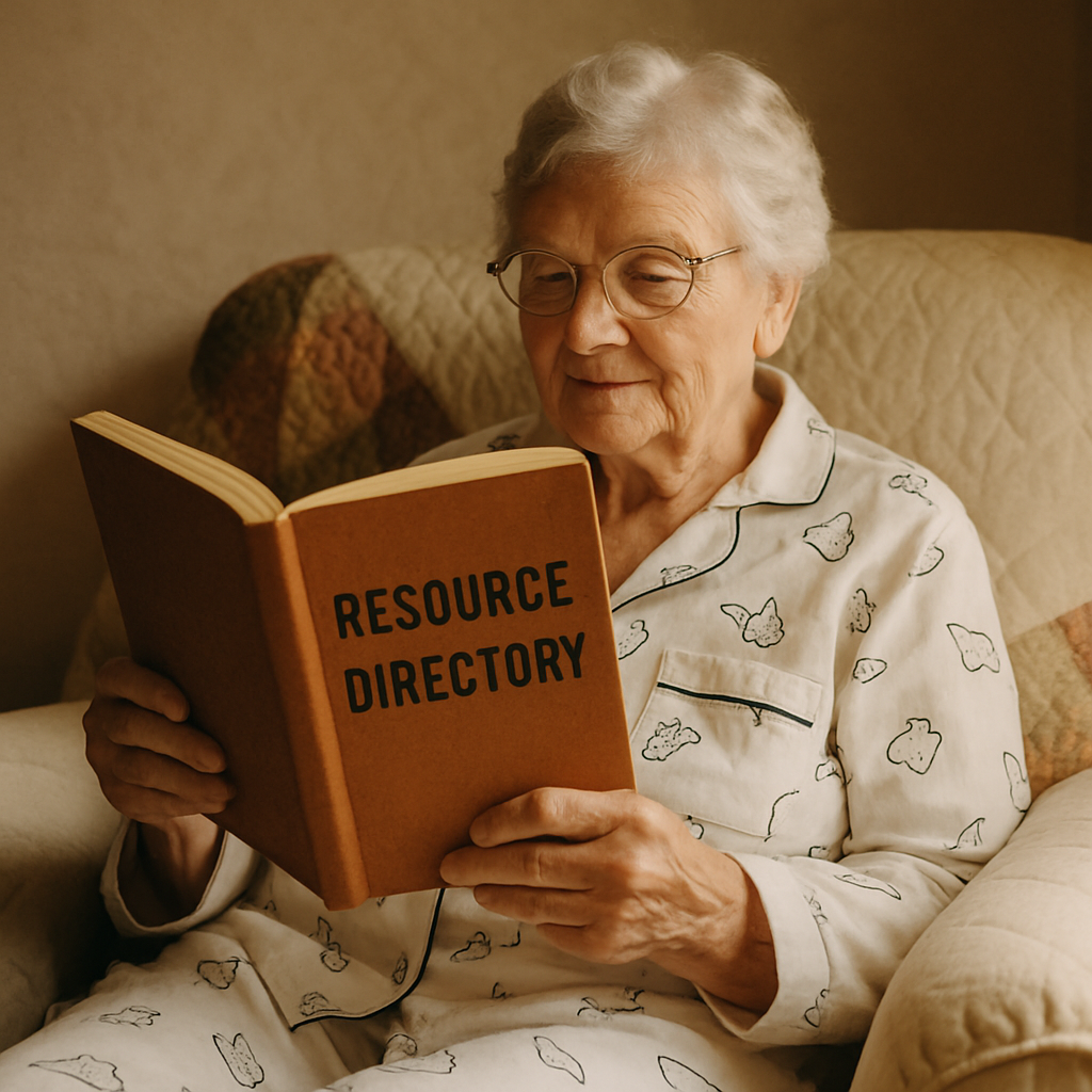 Grandmother sitting in a wooden rocking chair with a storybook, wearing white pajamas with black outlined shapes and no fill, set against a quilted fabric background in a warm, landscape-oriented scene