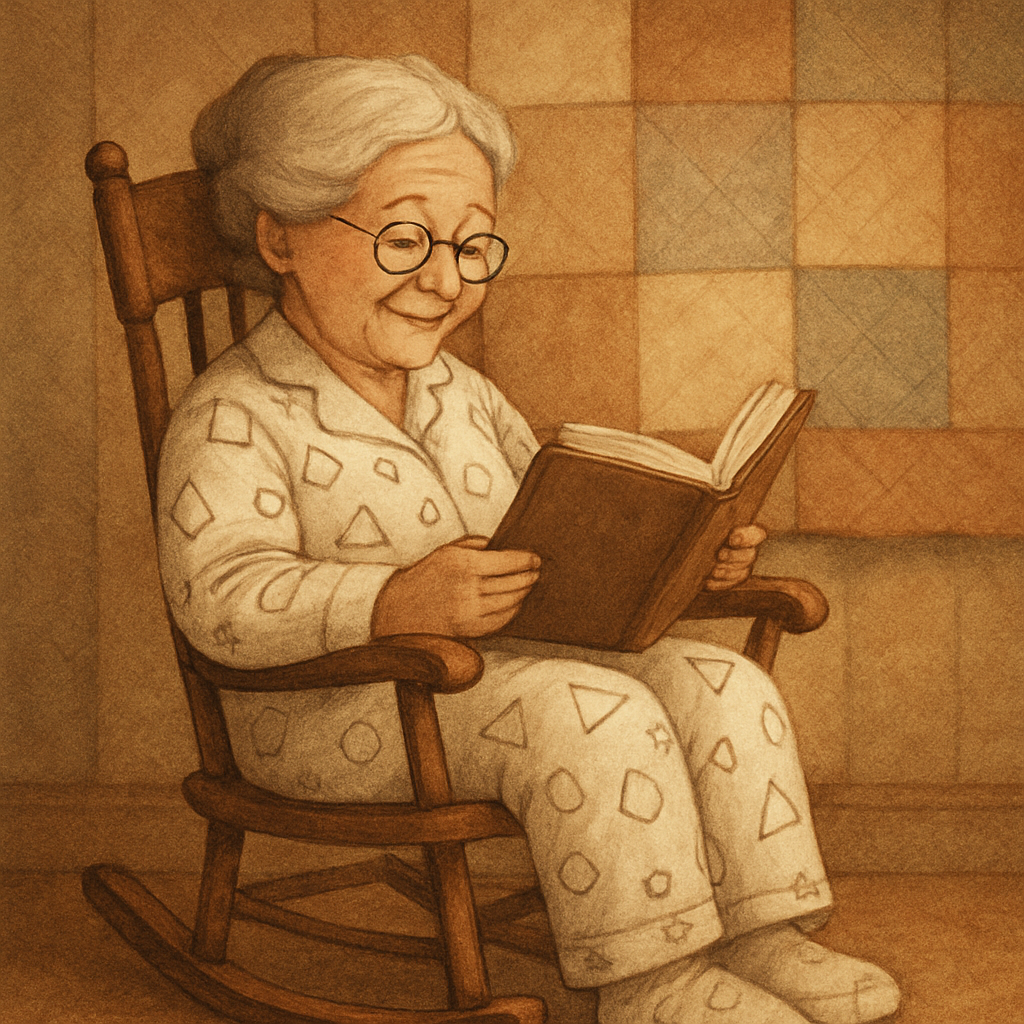 Grandmother sitting in a wooden rocking chair with a storybook, wearing white pajamas with black outlined shapes and no fill, set against a quilted fabric background in a warm, landscape-oriented scene