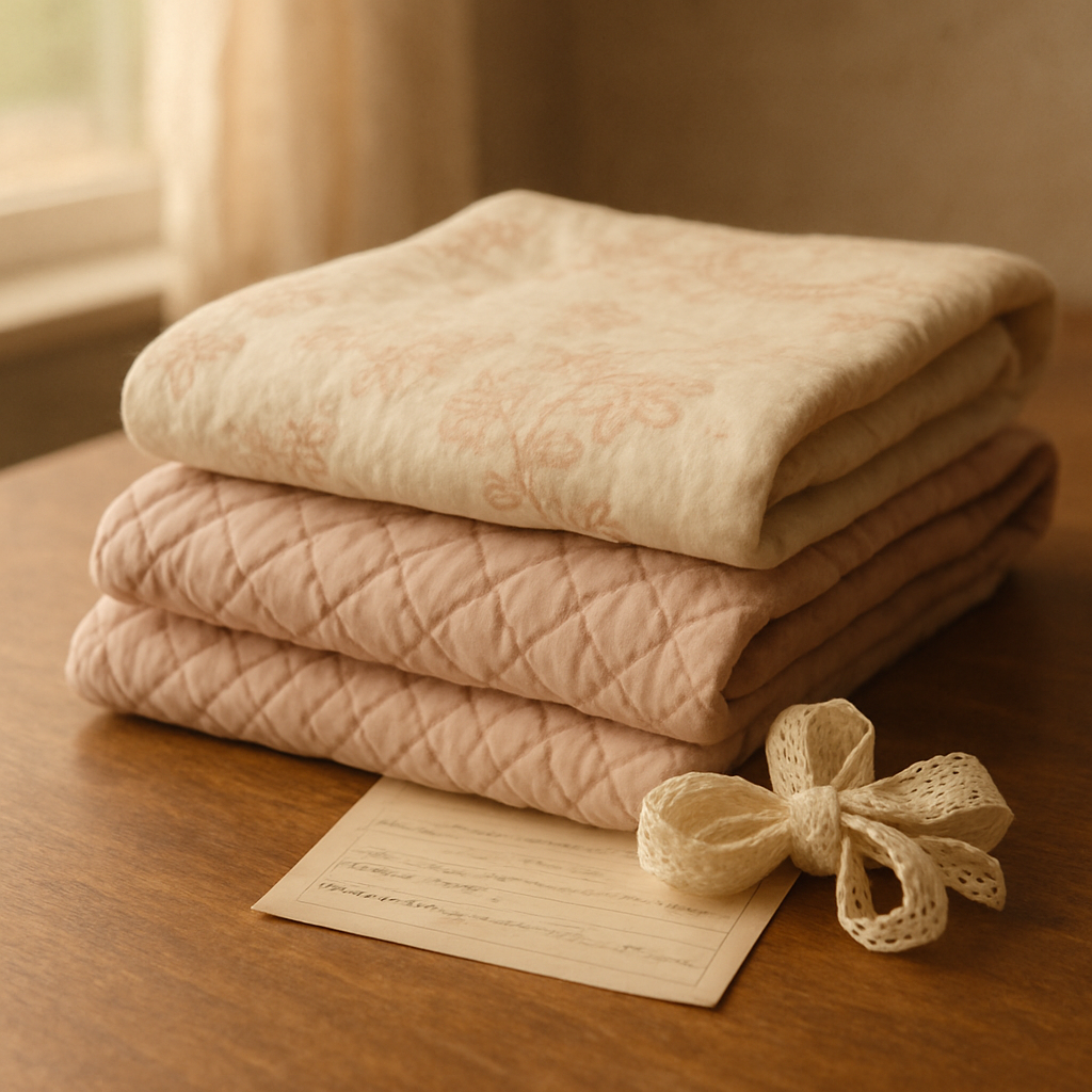 A cozy grandmotherly keepsake vignette featuring folded quilted fabric and a small bundle of vintage lace on a warm wooden tabletop