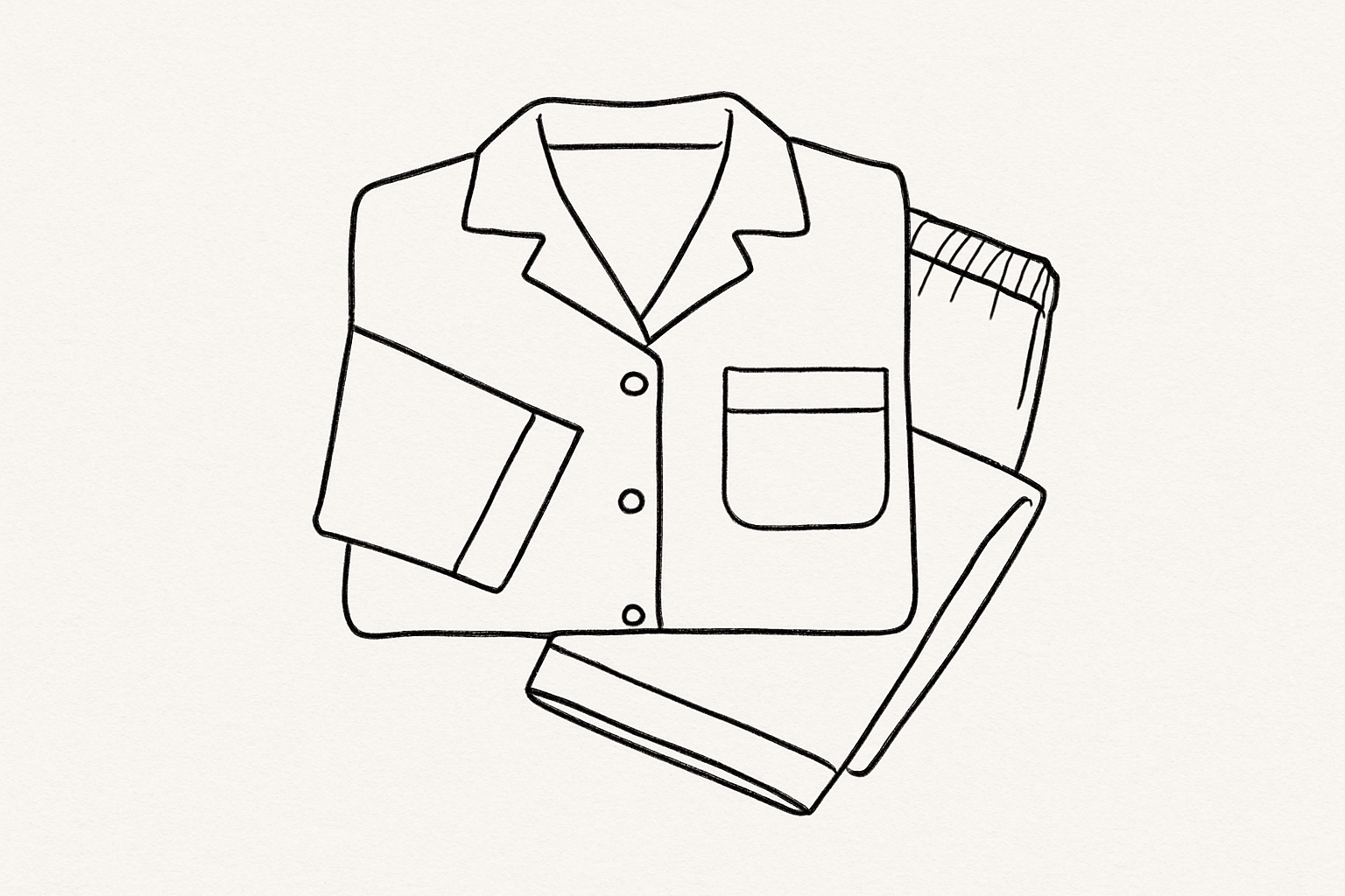 Minimal line-art mockup of neatly folded white pajamas on a plain white background, coloring-book page style