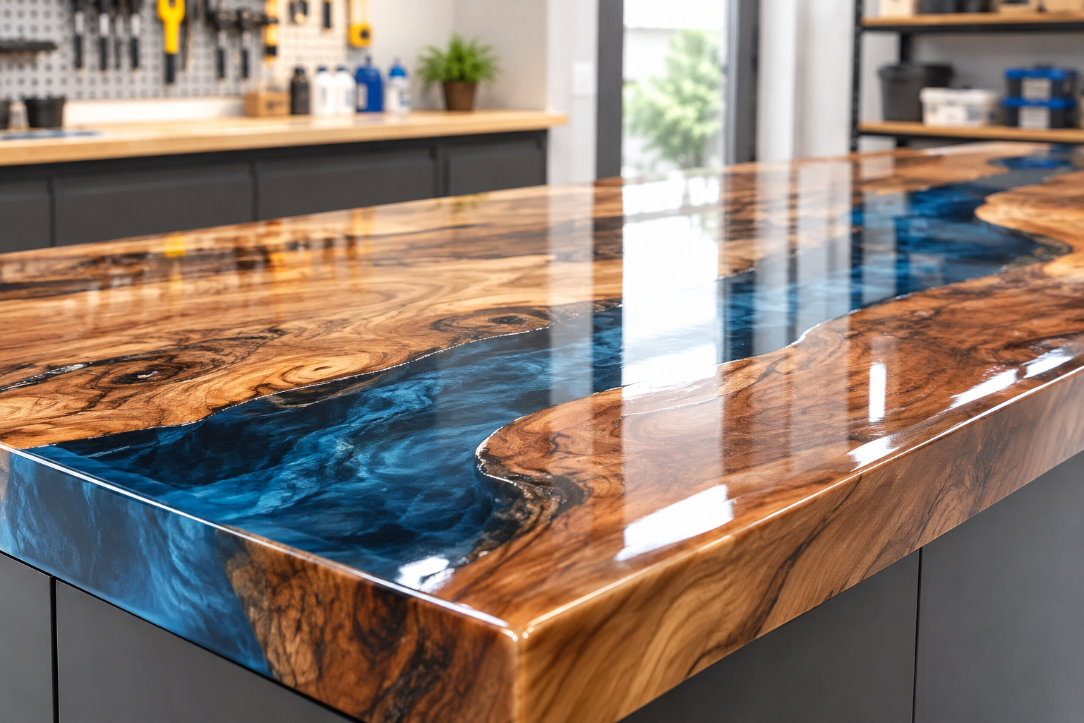 Glossy countertop resin sample surface with reflective highlights and polished epoxy texture detail