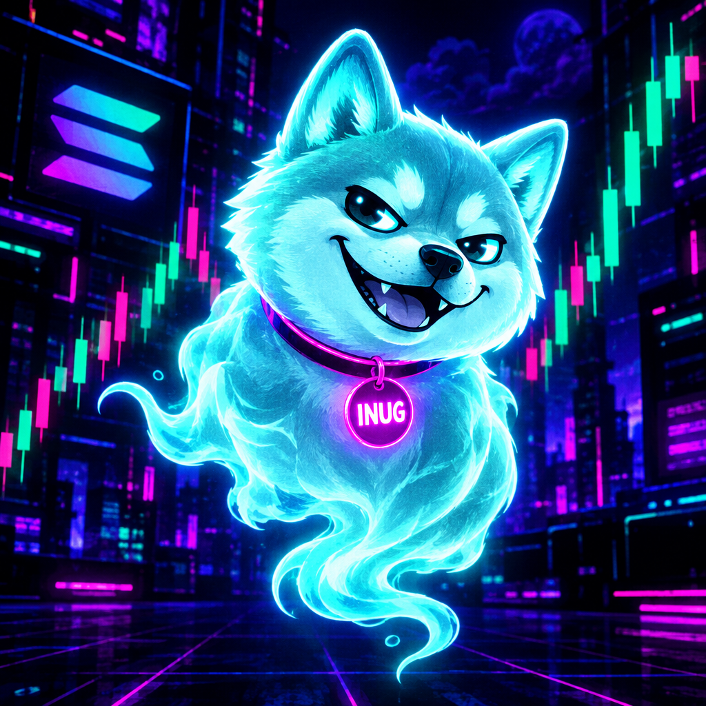 Small comic-style ghost Shiba dog with a translucent body, mischievous grin, and neon ectoplasm trail on a dark Solana-night backdrop