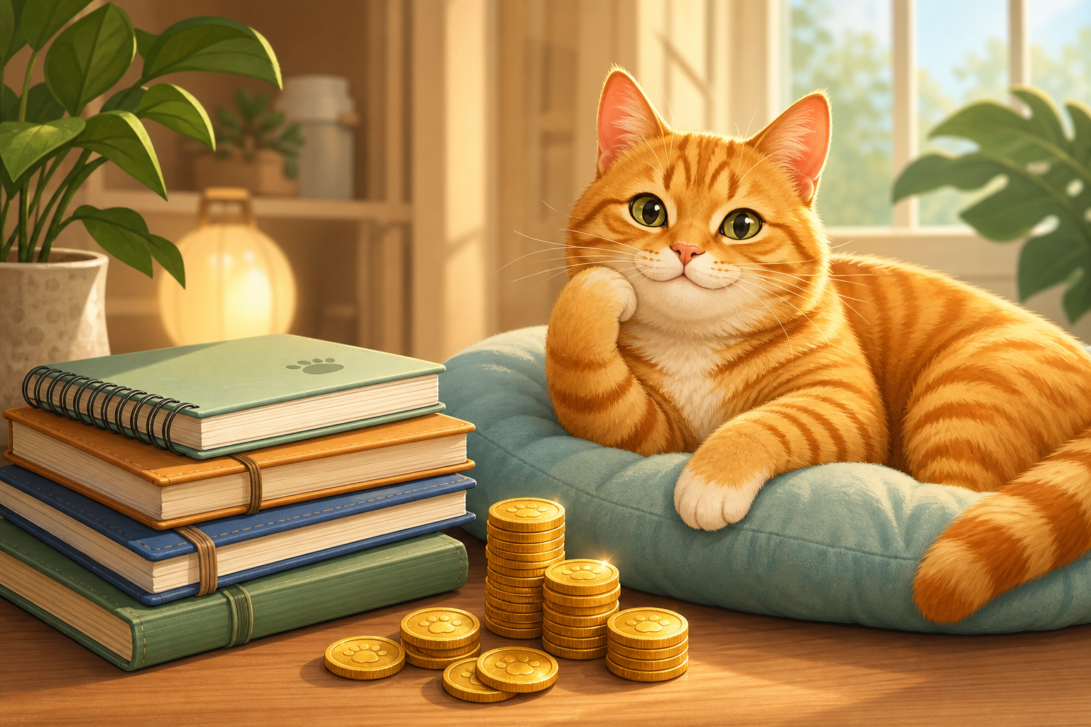 A warm, friendly illustration of a ginger cat lounging on a cushion beside a stack of notebooks and coins, suggesting thoughtful money ideas.