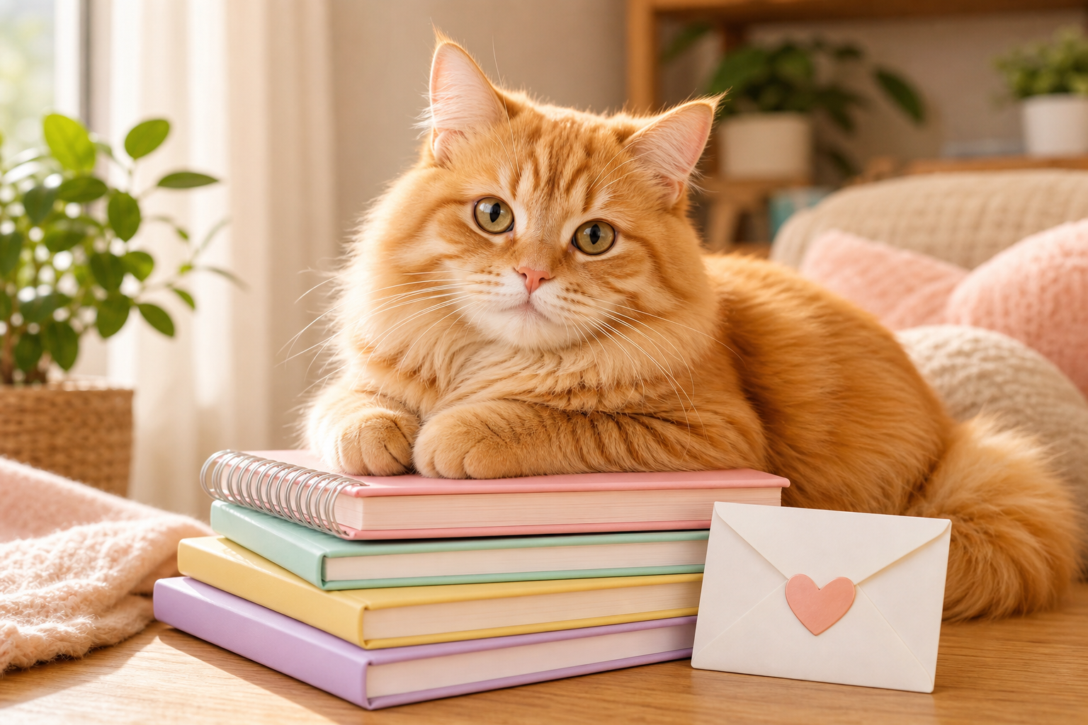 A fluffy orange cat lounging on a stack of notebooks with a tiny mail envelope nearby, cozy and inviting