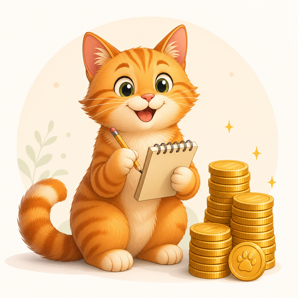 Cheerful orange tabby cat holding a notepad and pencil, sitting beside a tidy stack of coins
