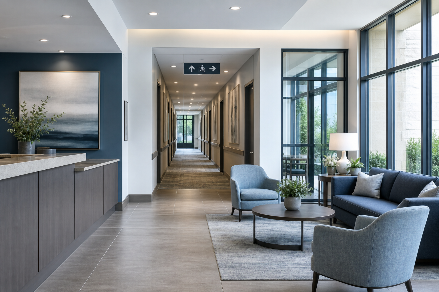 Modern commercial hotel corridor and reception lounge configured for calm, professional short-stay care-oriented operations