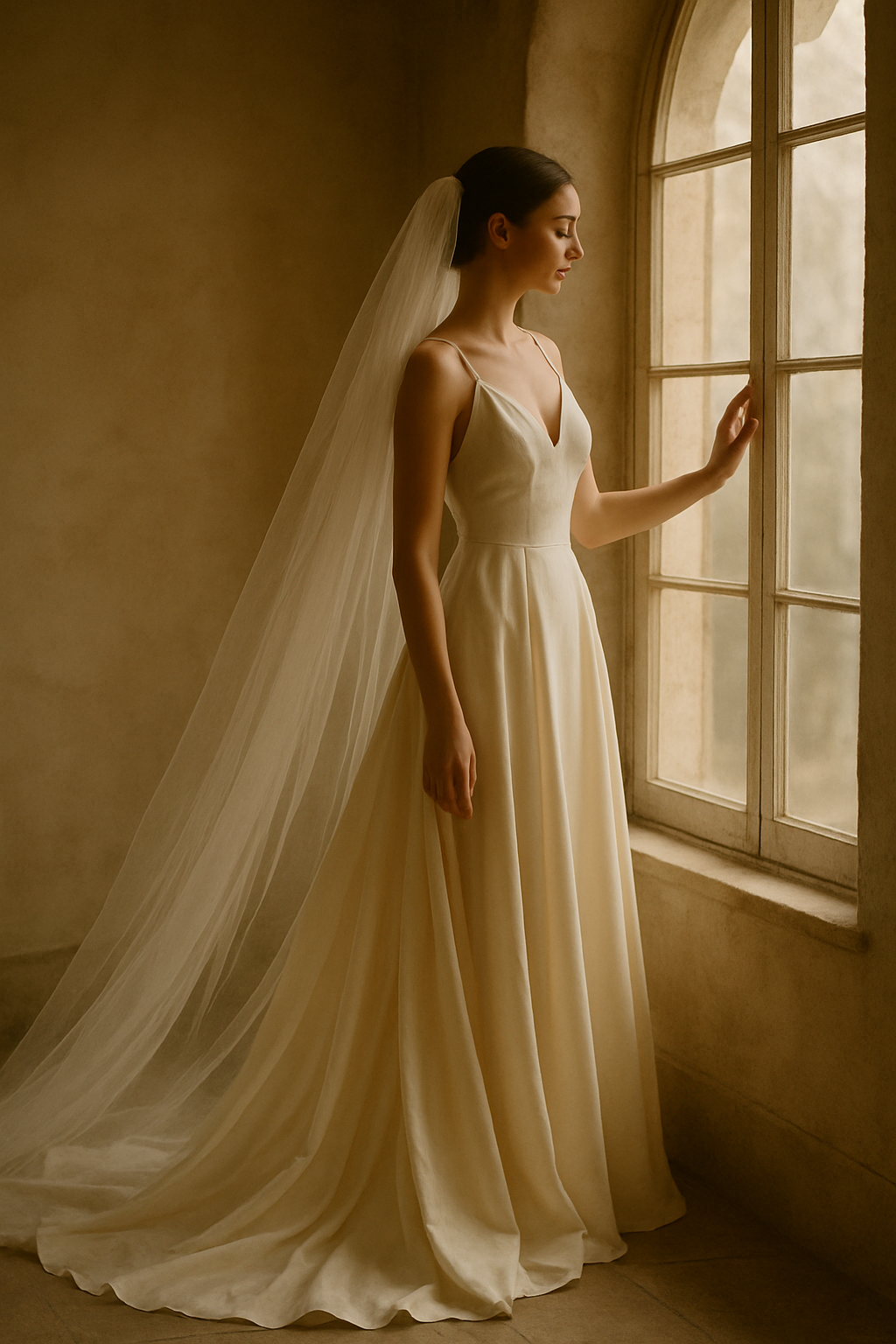 Bride in flowing silk gown with delicate veil catching soft window light in an old European villa