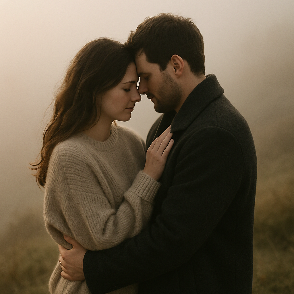 Young couple embracing on a misty morning hillside, soft golden light, intimate candid moment