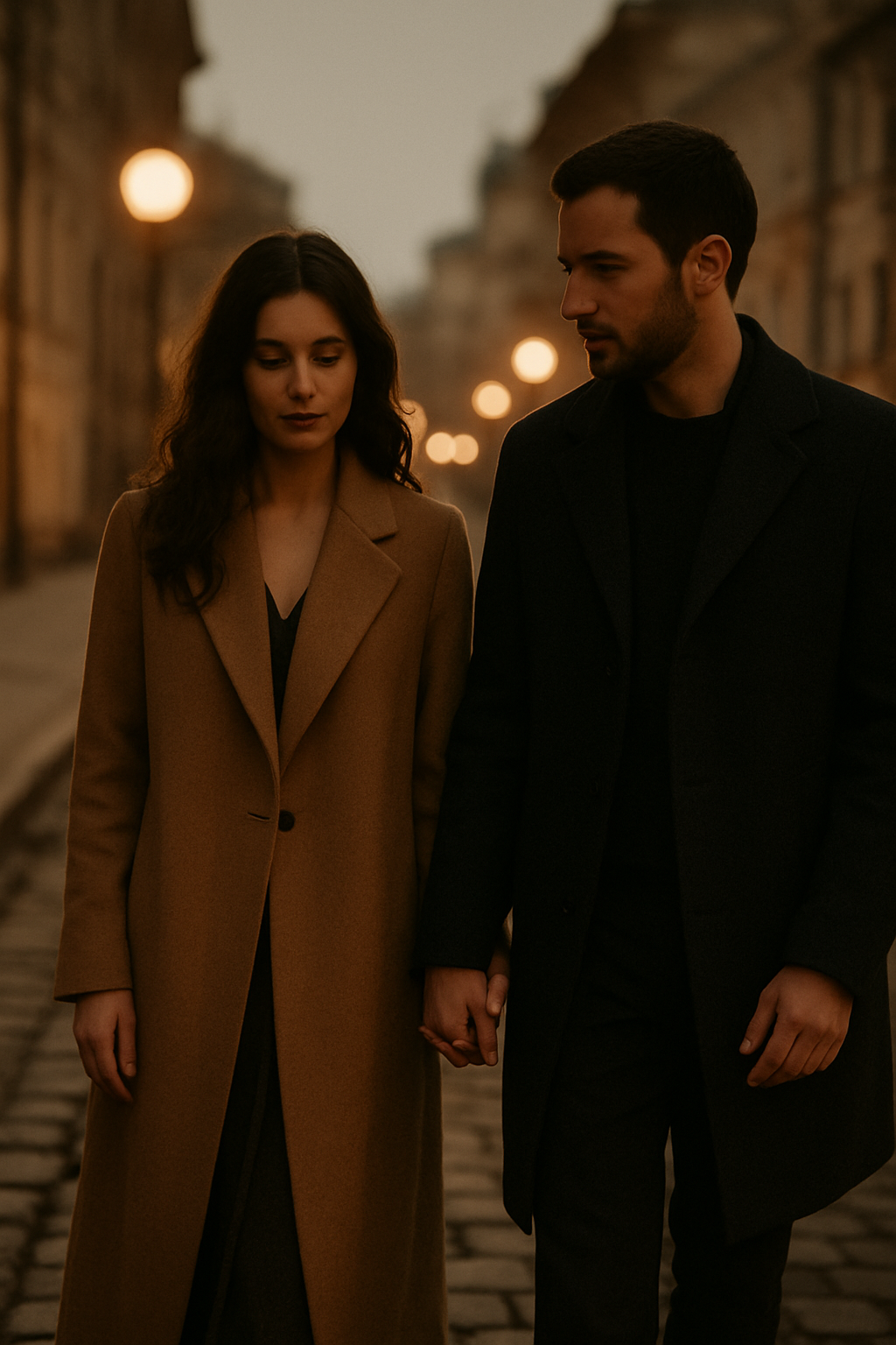 Couple walking hand in hand down cobblestone Kyiv street at dusk, soft city lights blurring in background