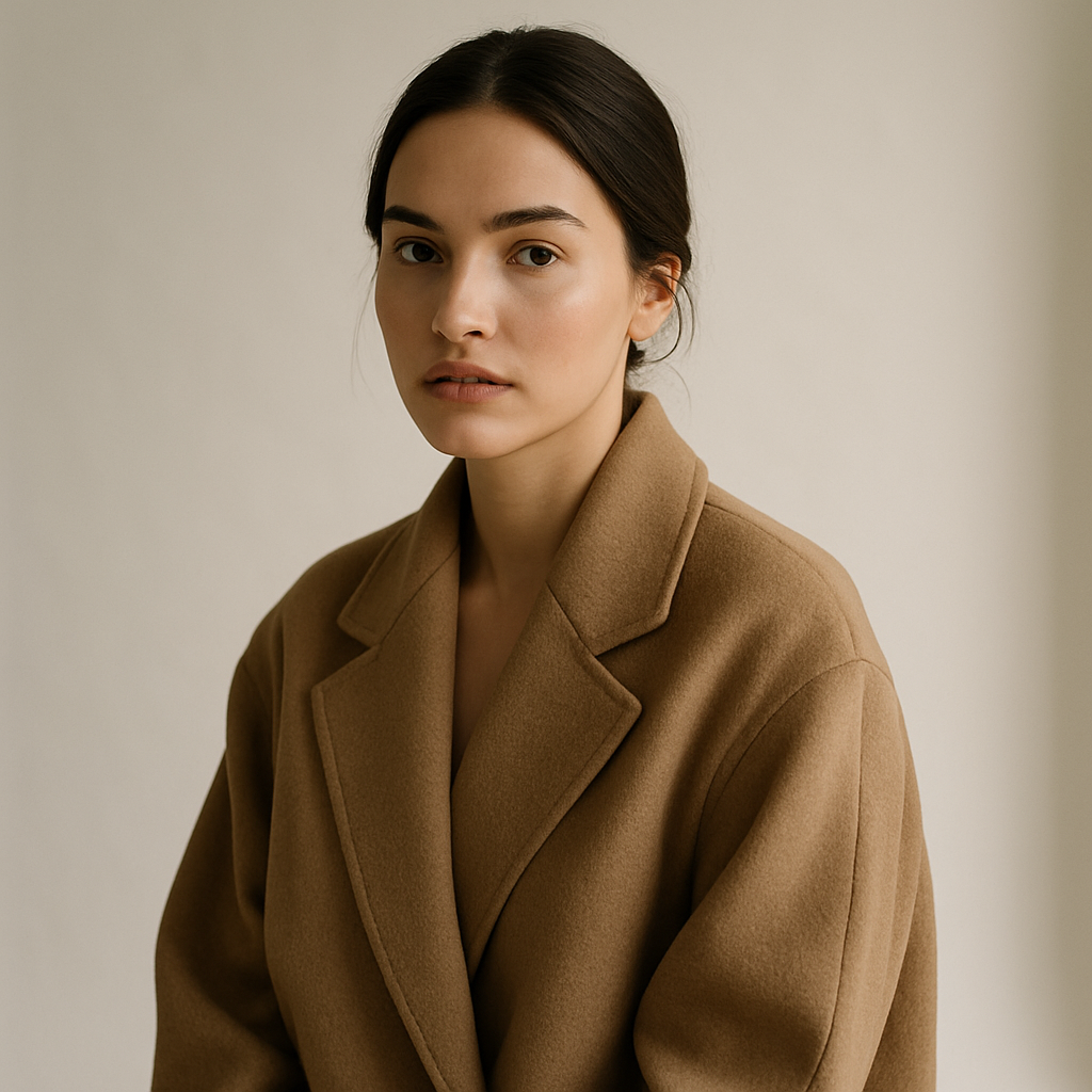 Editorial portrait of brunette model in oversized camel wool coat, minimalist studio with diffused natural light