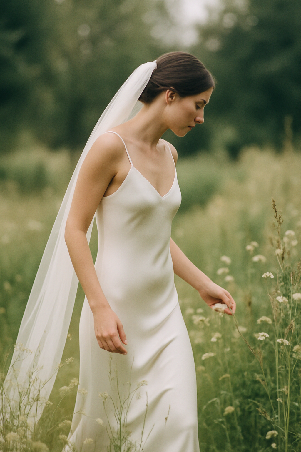 Medium format film photograph of bride in countryside garden with wildflowers, soft pastel tones and dreamy bokeh