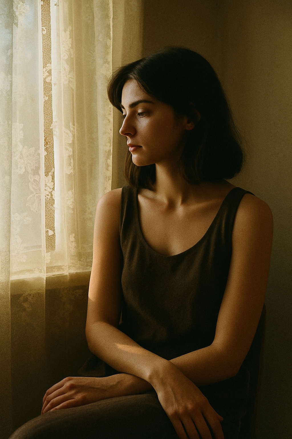 35mm film photograph of woman by lace-curtained window with warm afternoon light and visible film grain
