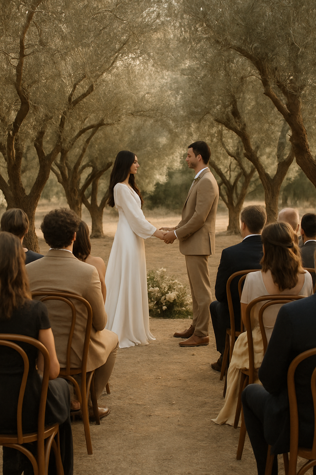 Outdoor wedding ceremony under olive trees with bride and groom holding hands, guests seated in vintage wooden chairs