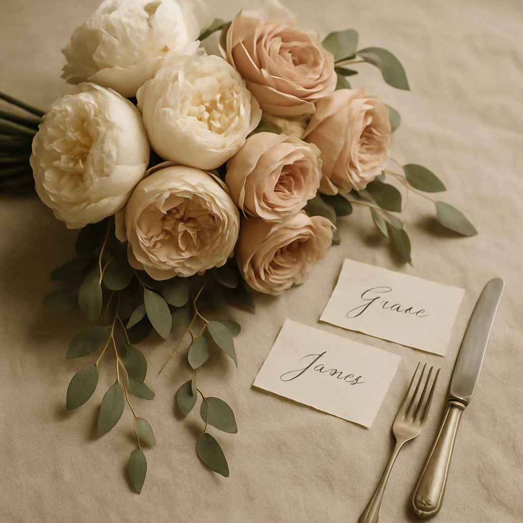 Wedding bouquet of ivory peonies and trailing eucalyptus on antique linen tablecloth with vintage cutlery