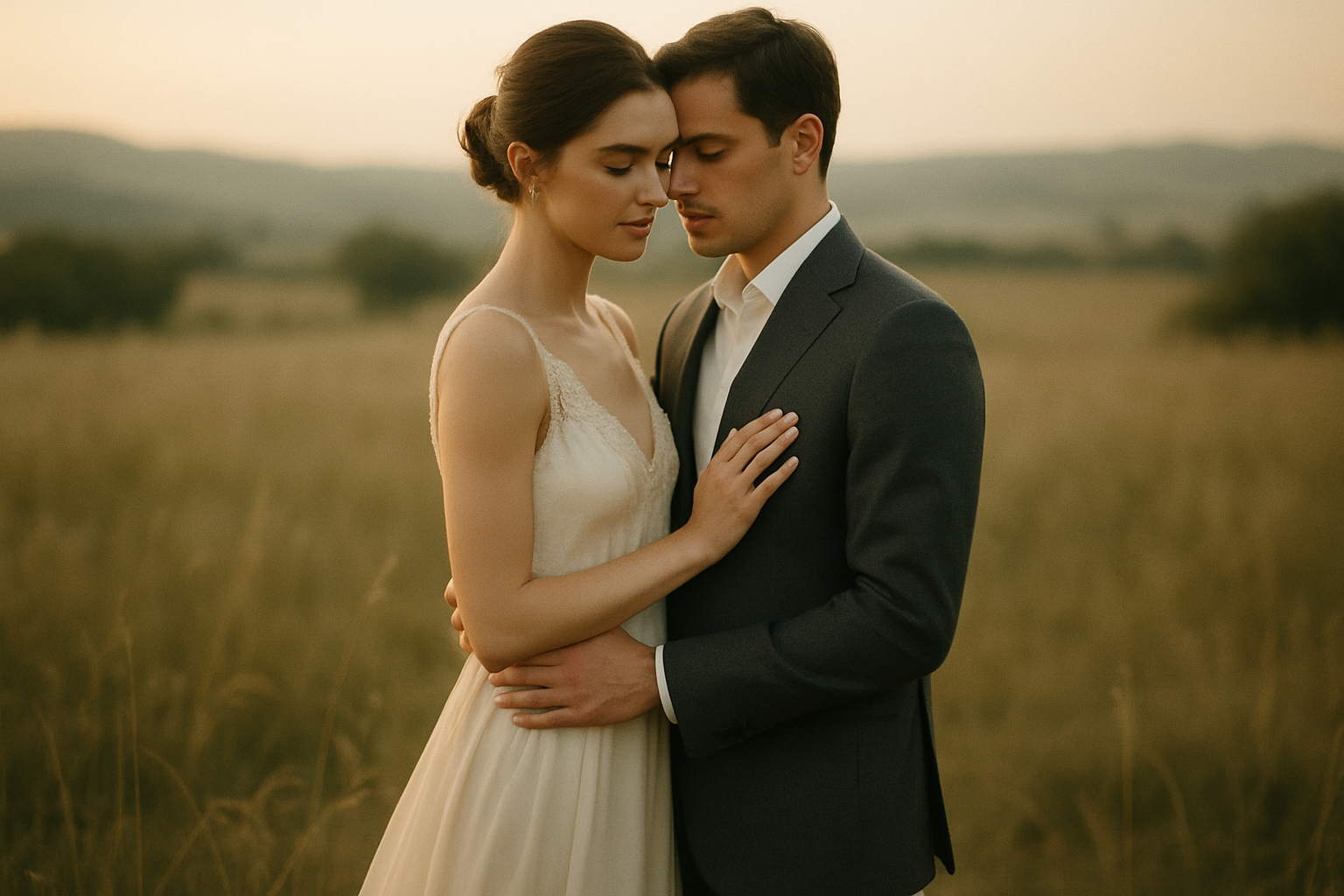 Cinematic editorial photograph of a couple in soft golden hour light
