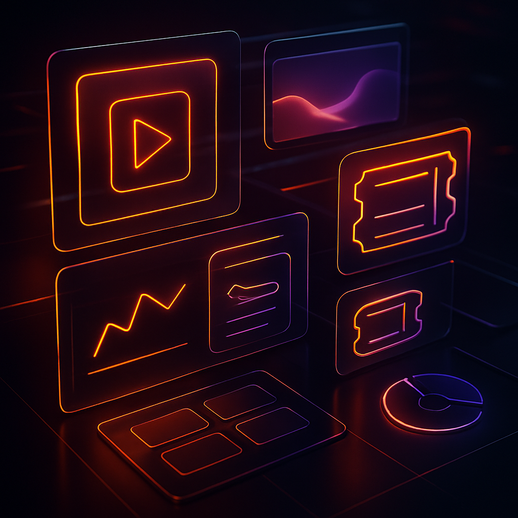 Abstract futuristic dashboard with neon orange and purple metrics and event tiles