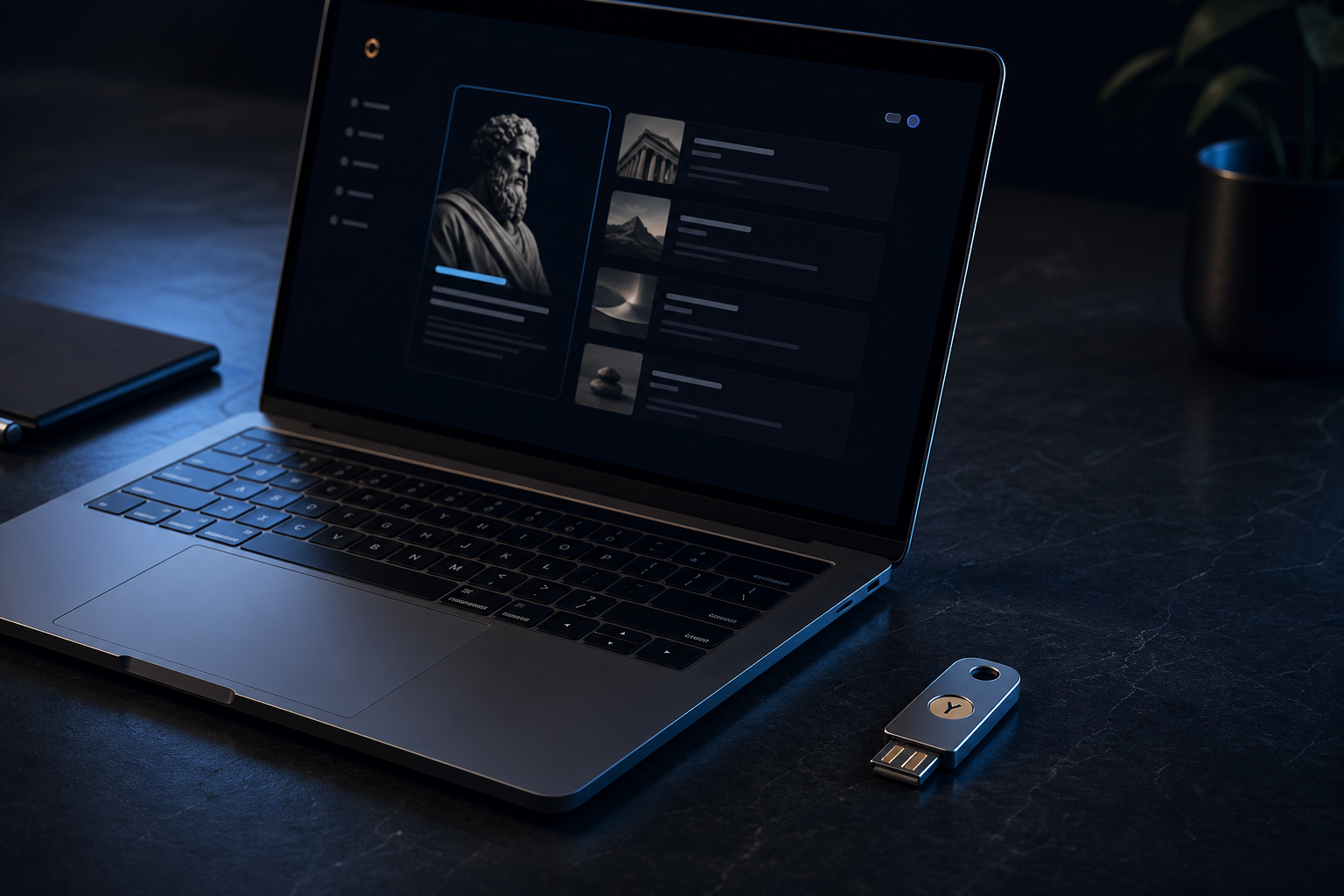 Sleek laptop with minimal interface, subtle blue glow, and a small security key on a dark surface