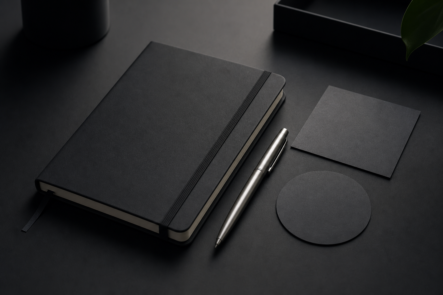 Minimalist desk scene with a dark notebook, silver pen, and geometric paper shapes under soft moody lighting