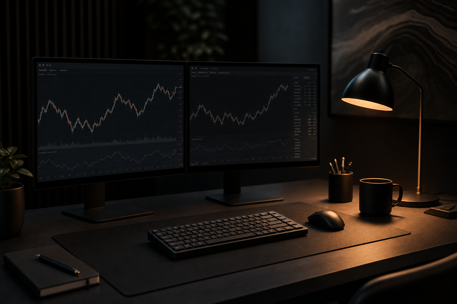 Dark trading desk with muted monitors displaying charts and a warm amber desk lamp
