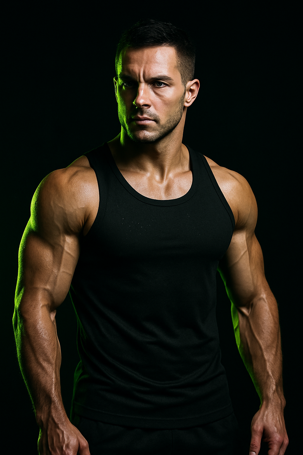 Coach Maksym Hrytsenko in athletic stance under dramatic lighting