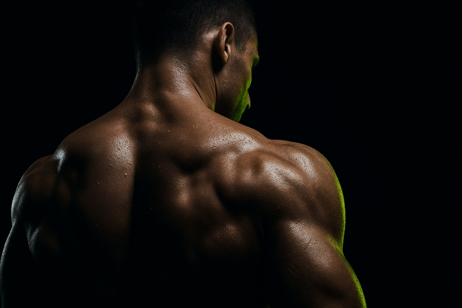 Defined athletic shoulder and back muscles in low-key lighting