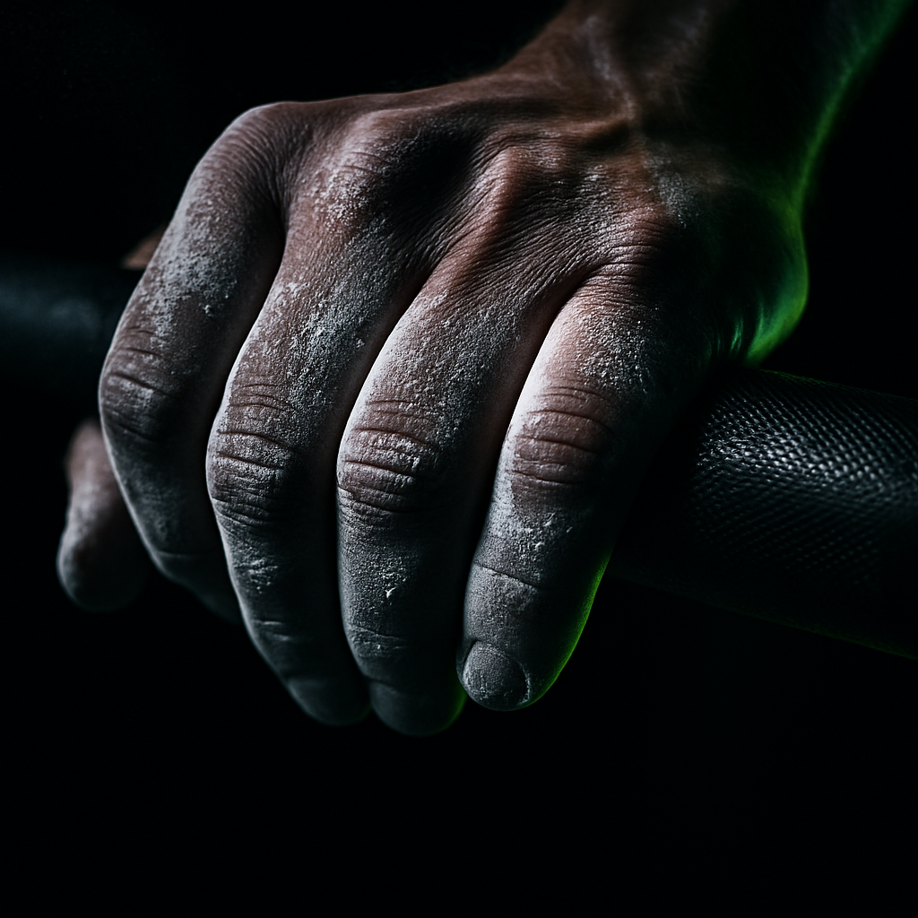 Close-up of heavy barbell with chalked hands gripping it
