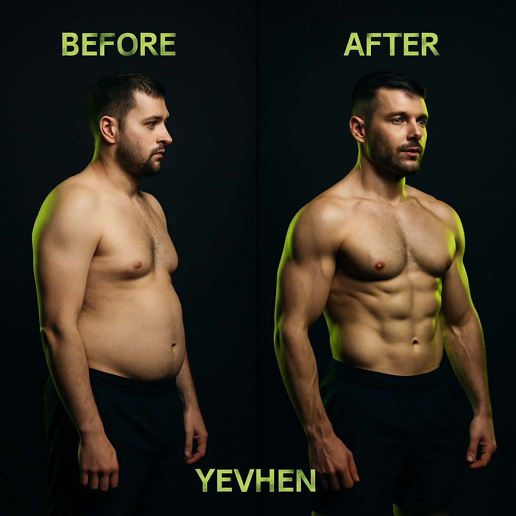 Before and after photo of a confident male client with broader chest and improved posture