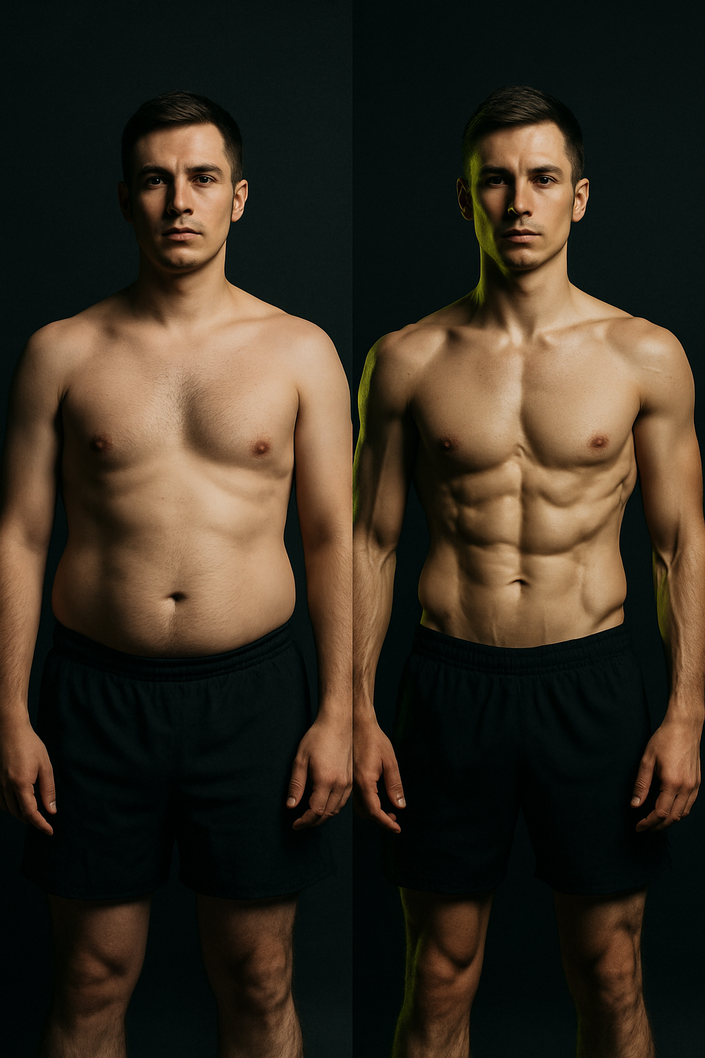 Side-by-side before and after photo of a male client showing significant fat loss and visible abs after 12 weeks