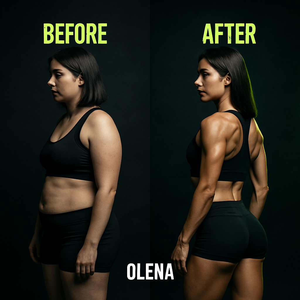 Before and after of a female client showing toned glutes and core after structured training