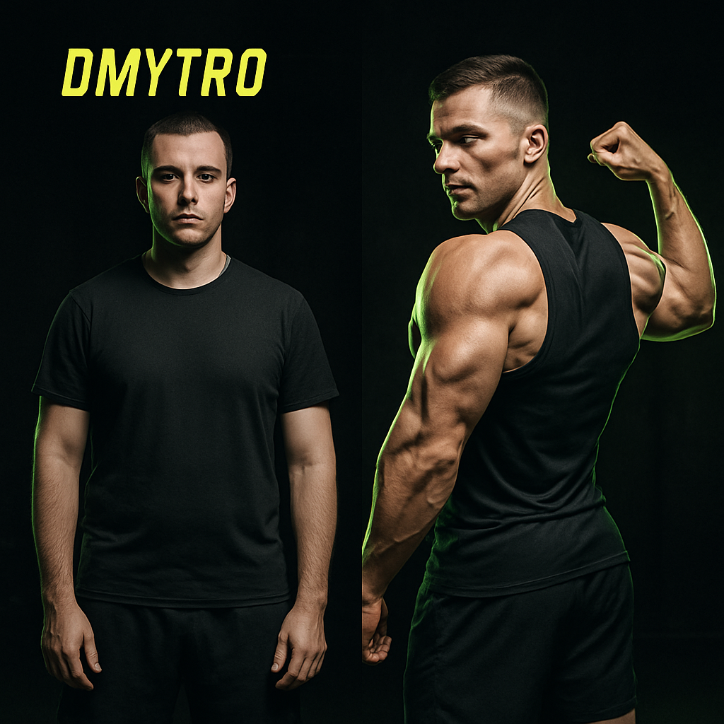 Before and after of a lean male client who built visible muscle definition in shoulders and arms