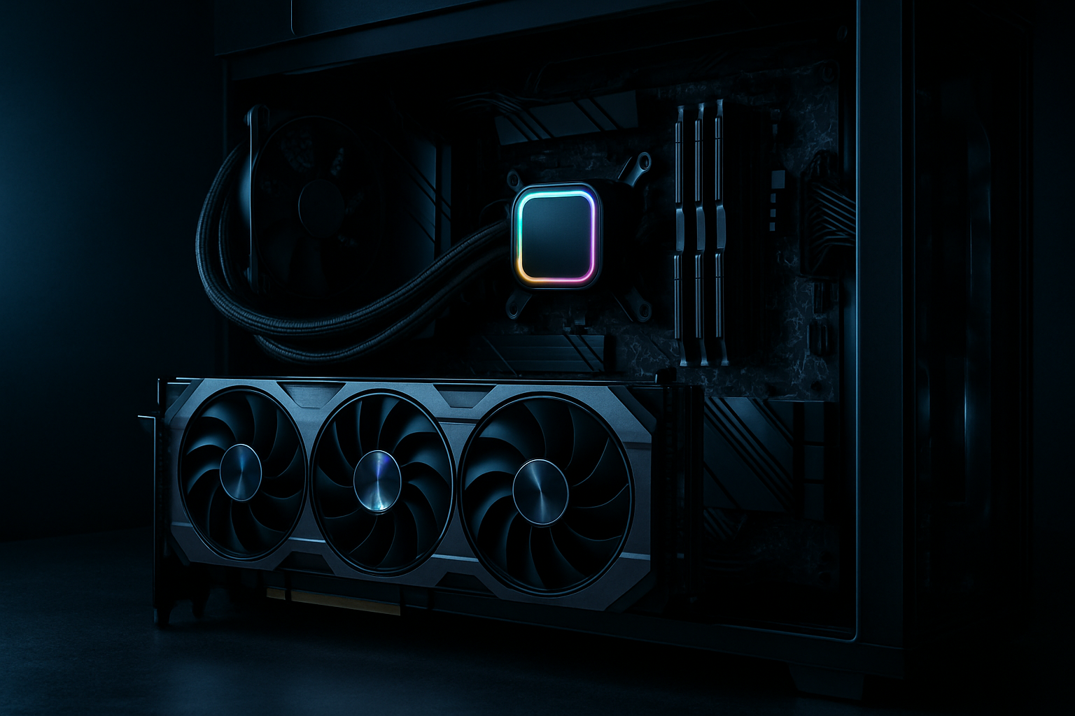 Premium gaming hardware setup with high-end graphics card lighting, liquid-cooled processor area, and organized performance build details