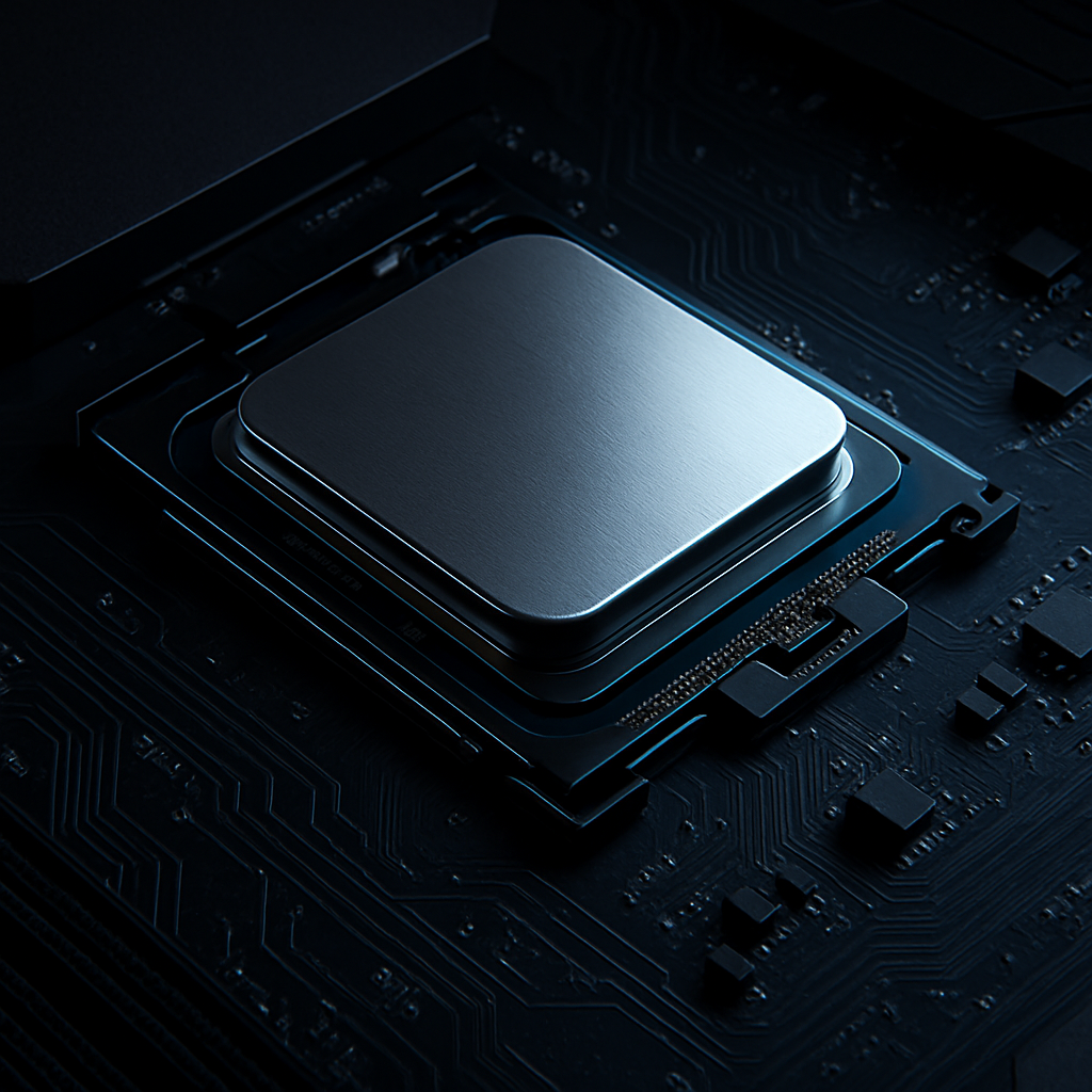 Modern desktop processor chip on a dark motherboard socket