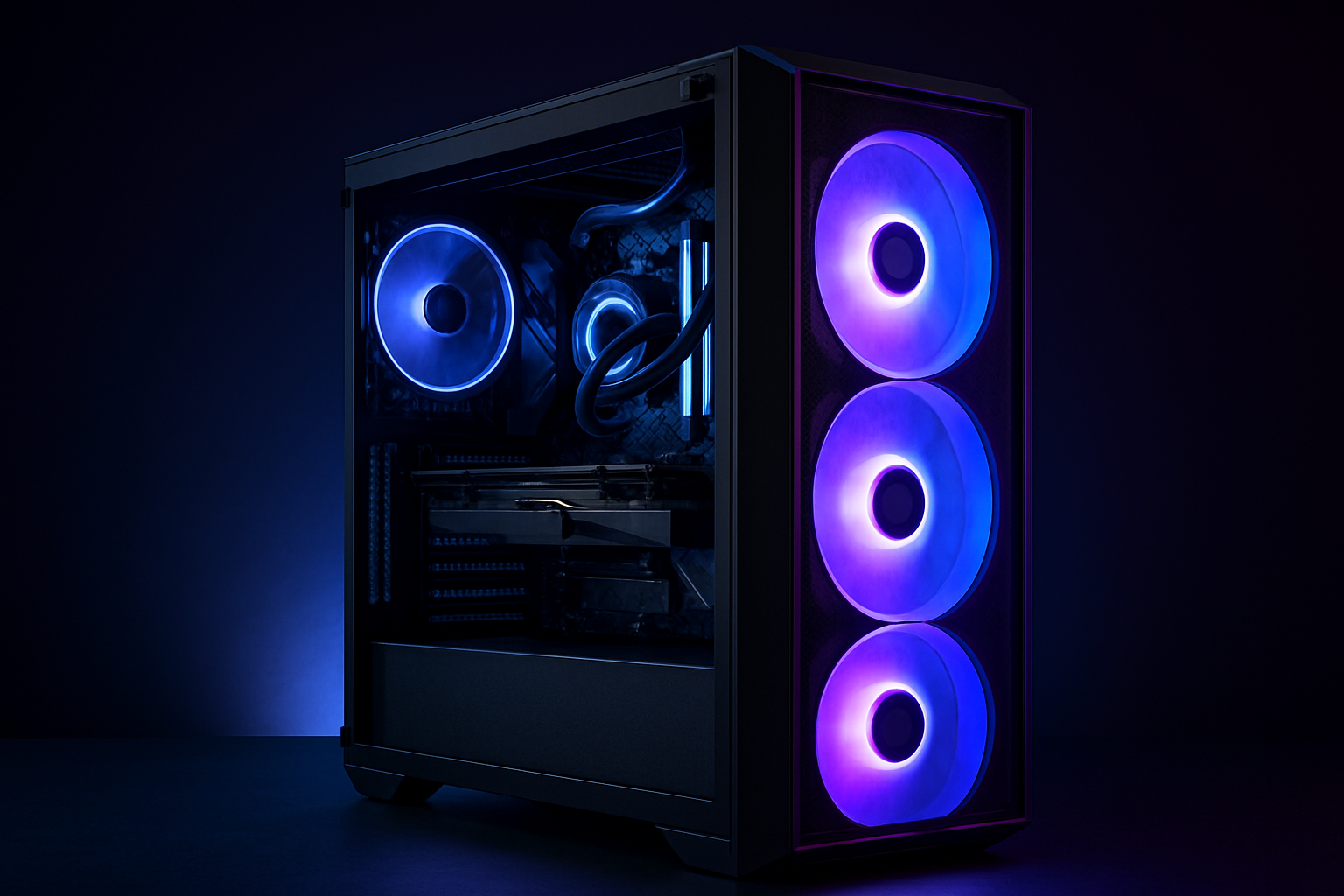 Angled premium black custom gaming PC tower with tempered glass side panel, triple-ring RGB fans, visible liquid cooling tubes, and a high-end graphics card on a dark studio backdrop