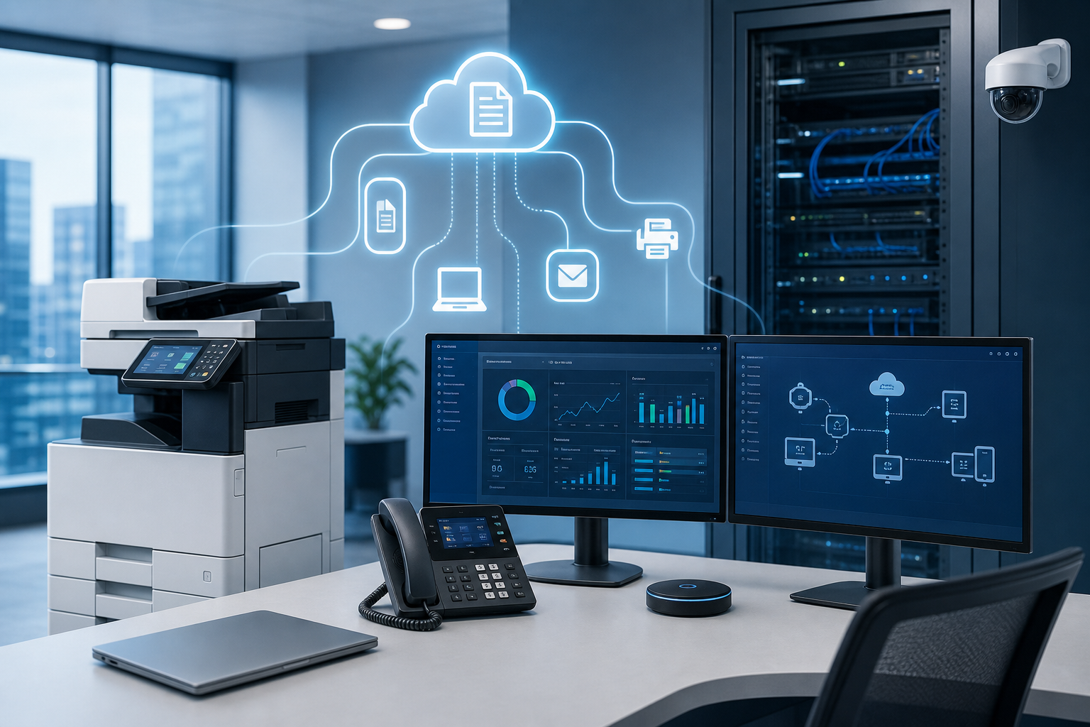 Modern office technology scene combining managed print devices, network infrastructure, secure document flow, and unified business communications