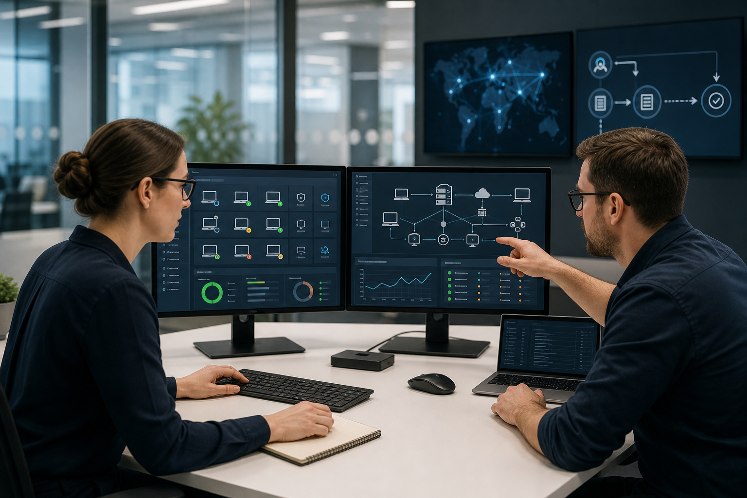 Business IT team monitoring connected laptops, servers, and support workflow dashboards in a modern office