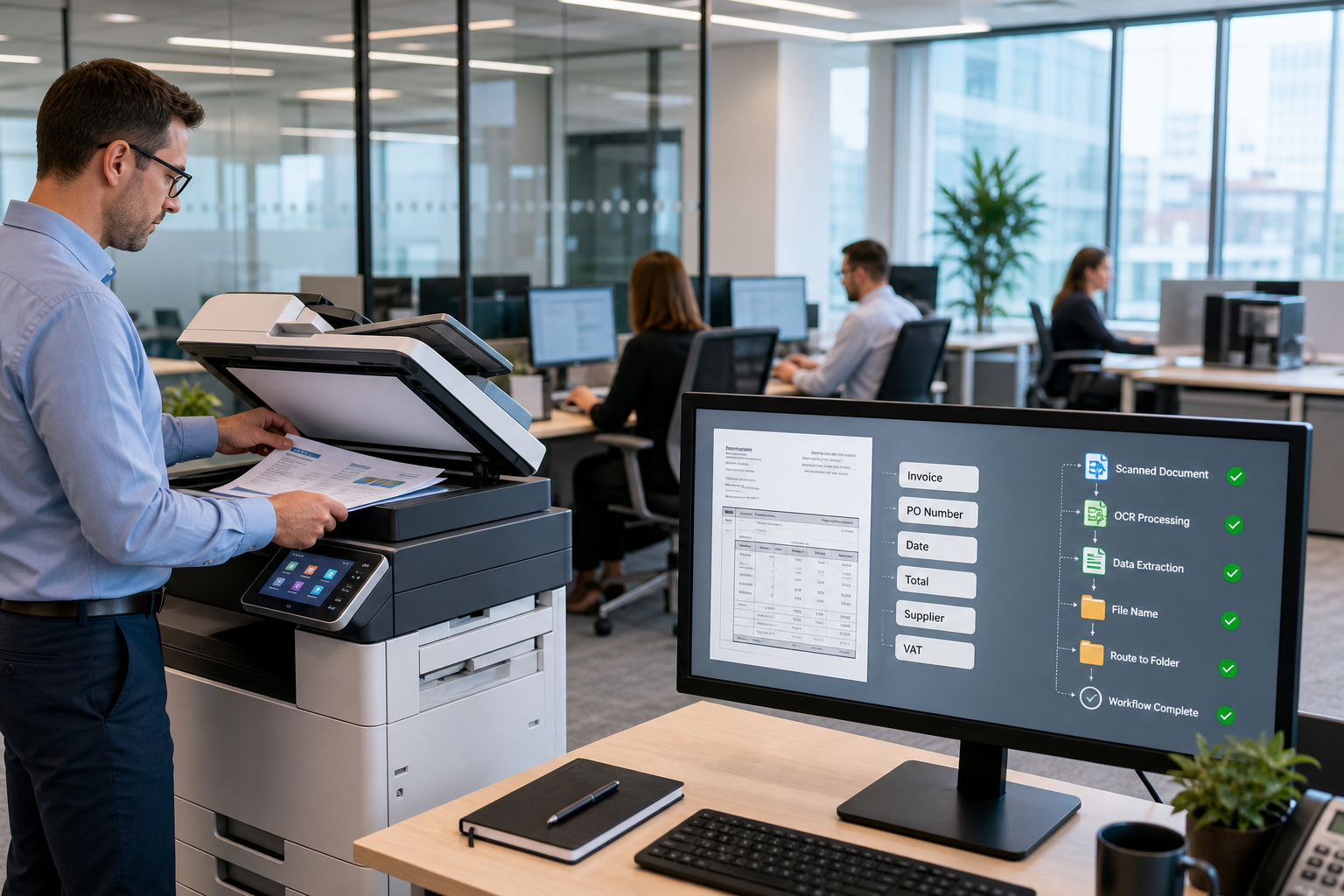 Modern office print environment with networked multifunction printer, team member scanning documents, and connected digital workflow dashboard with OCR-style file organization