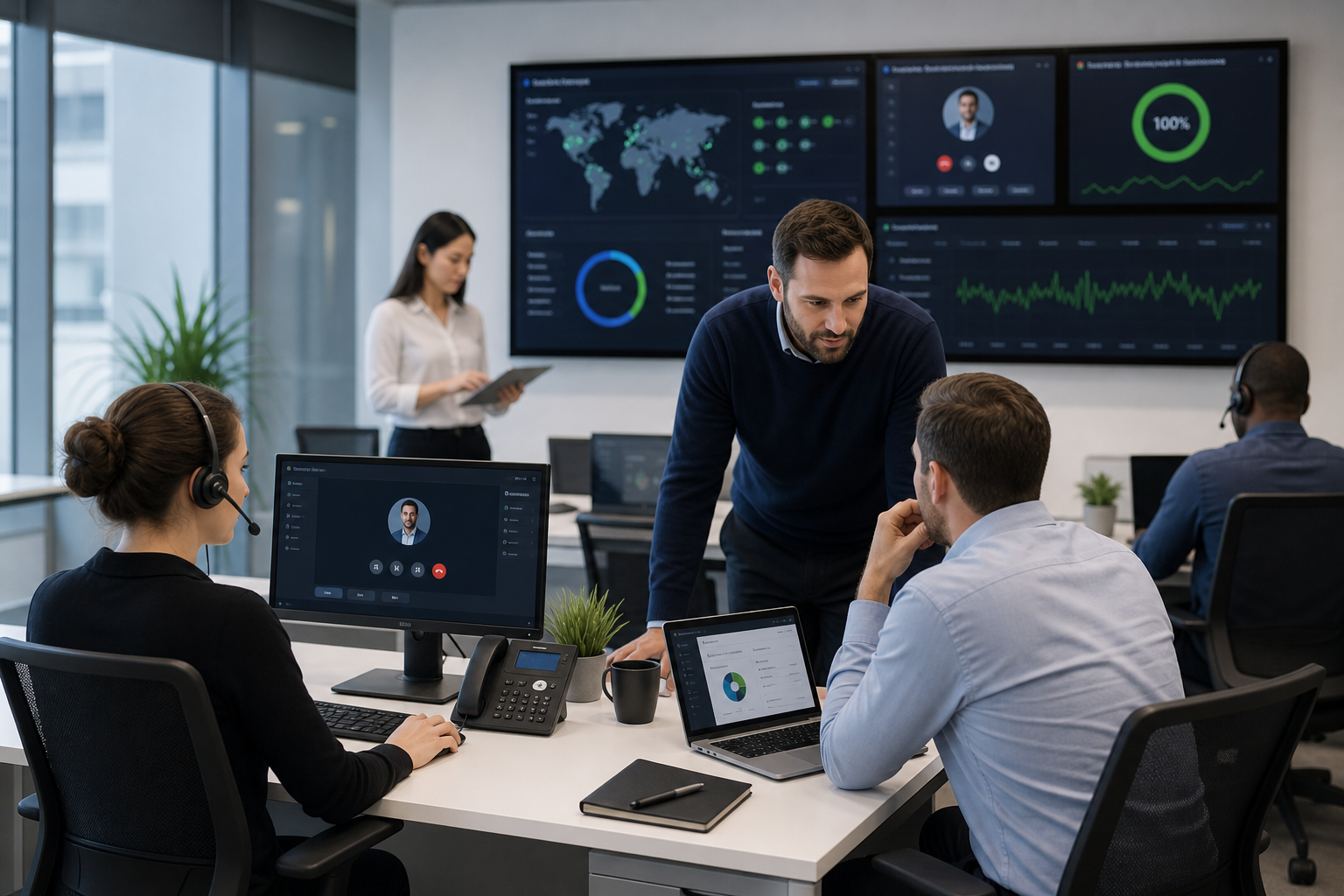 Business team in a modern office monitoring VoIP calls, network status and continuity dashboards on connected screens