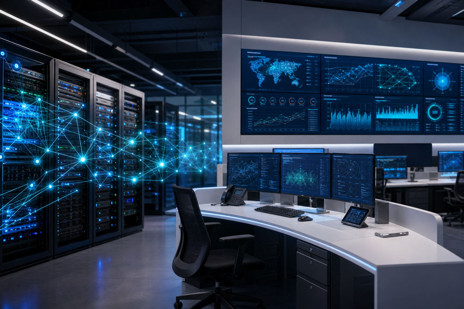 Modern enterprise technology control room with holographic network lines and secure infrastructure dashboards