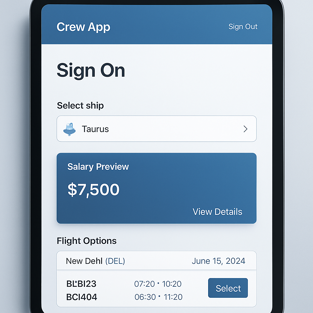 Taurang crew app screen showing sign-on workflow, ship selection, salary preview, and flight options