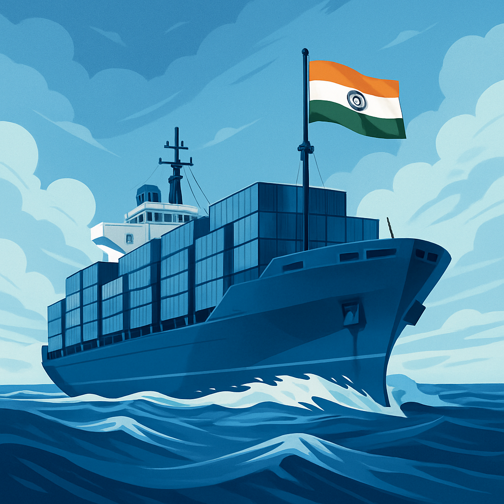 Polished cartoon-style container ship with a blue hull and stacked multicolor containers sailing on gentle illustrated waves under a clear sky