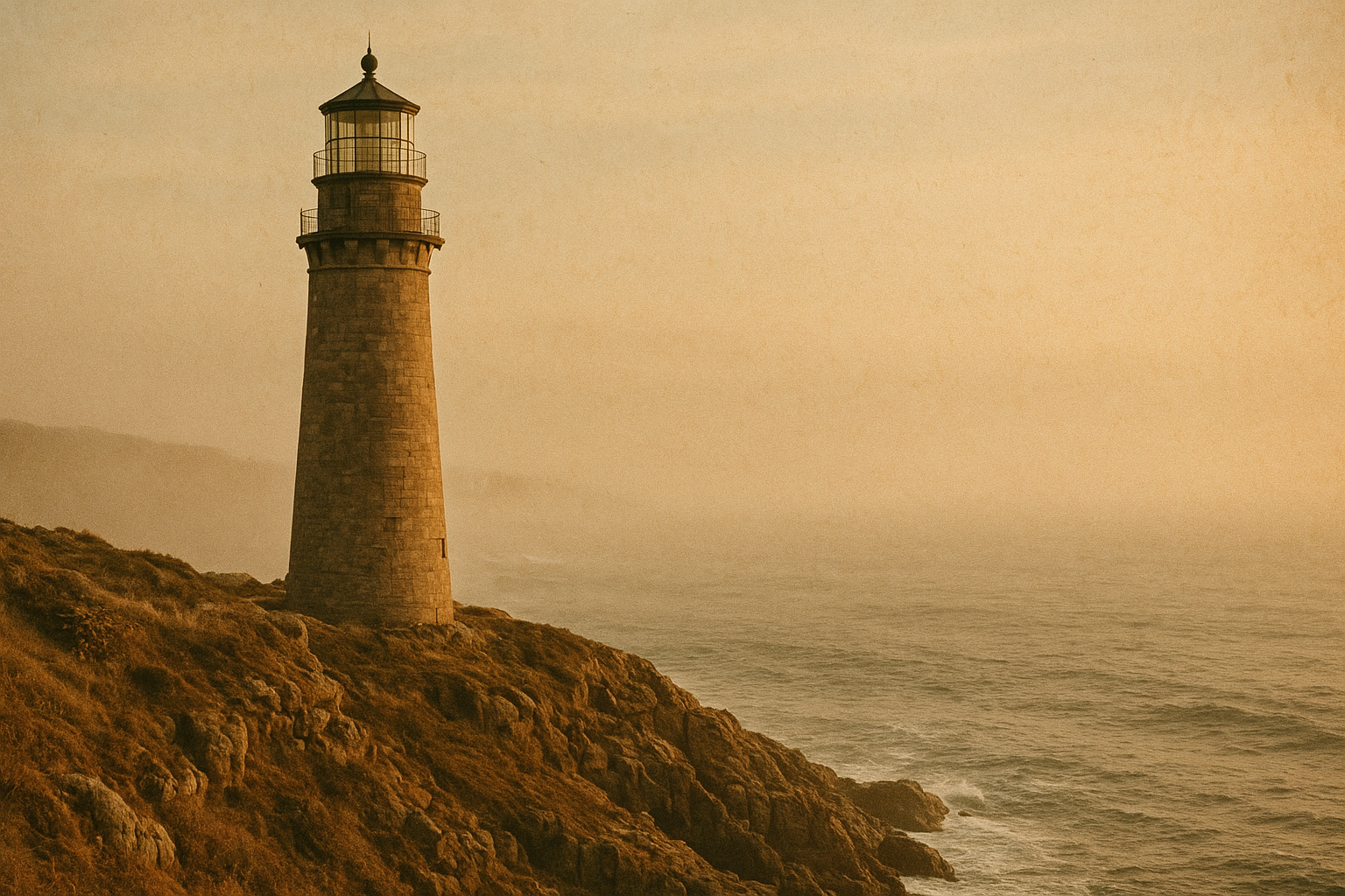 Tall stone lighthouse on a rugged cliff with low golden evening light and sea haze