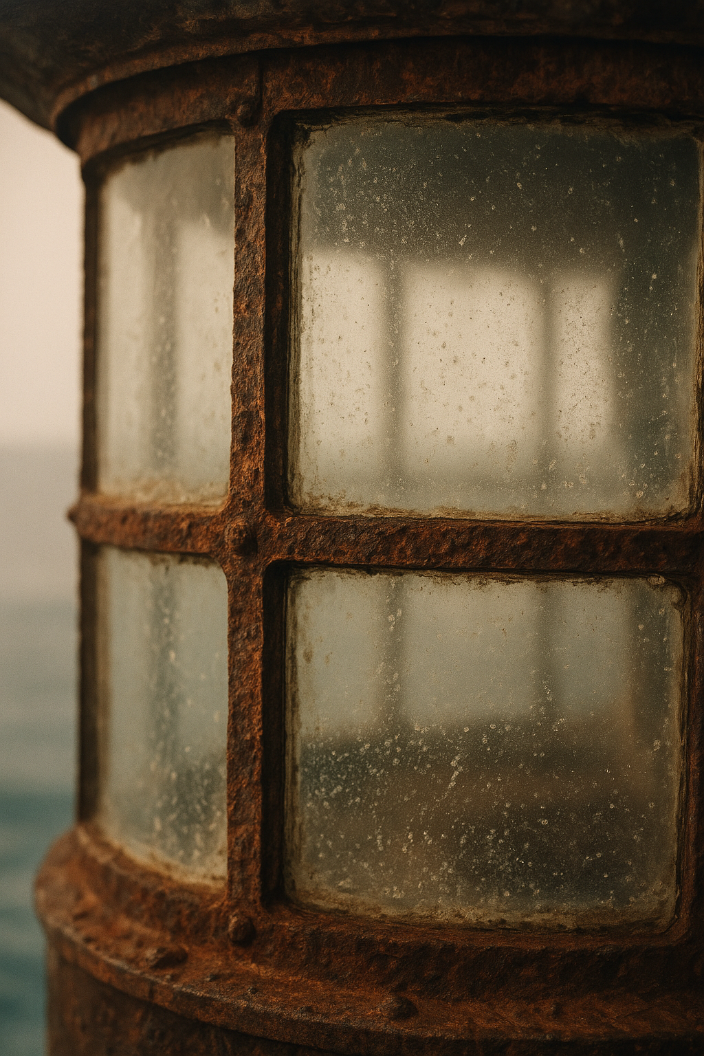 Close-up archival coastal detail showing lantern-room glass panes with sea-worn metal framing and salt texture