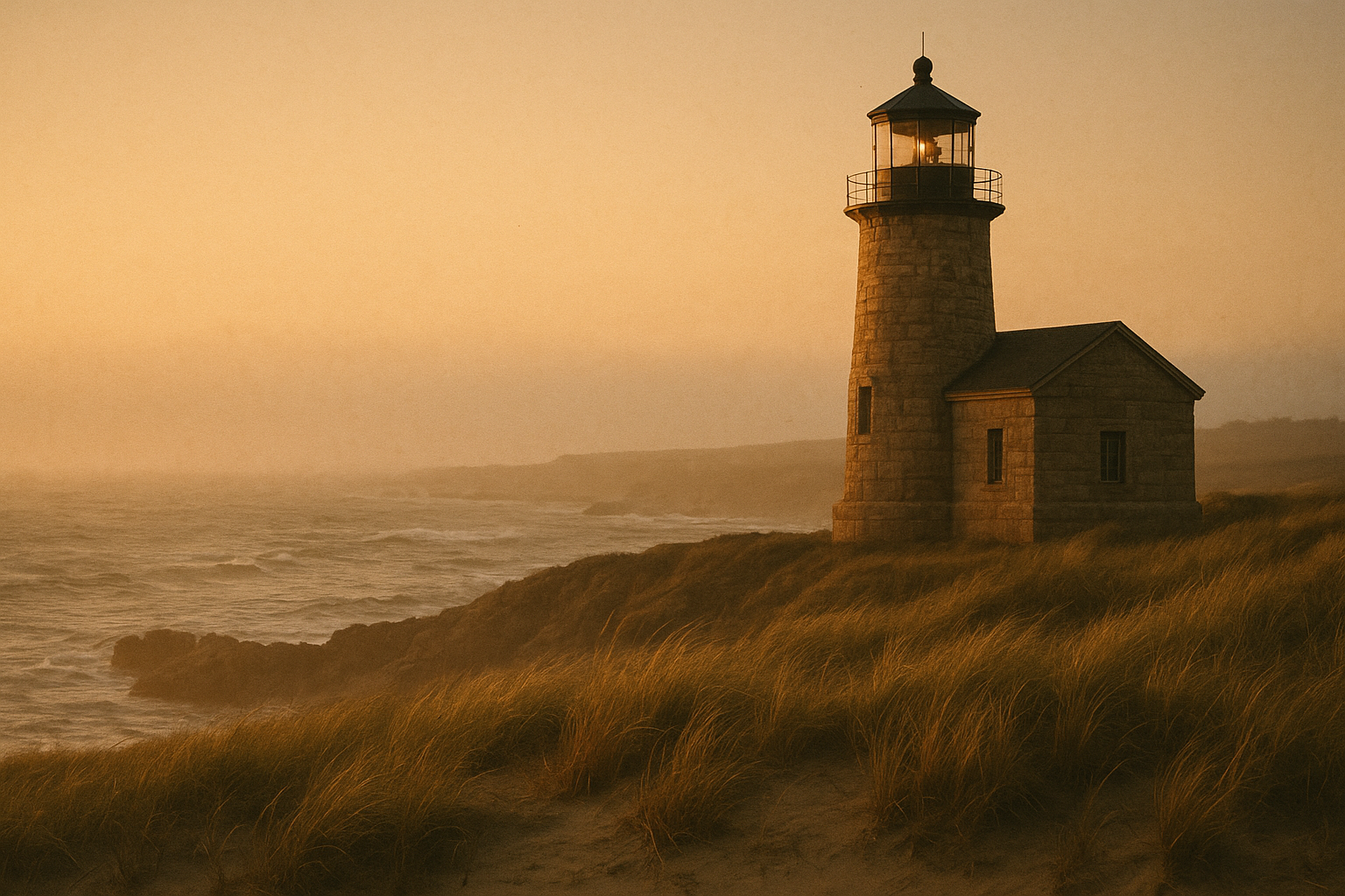 Historic stone lighthouse on a rugged northern shoreline under warm film-like evening light, with windswept grass and atmospheric sea mist