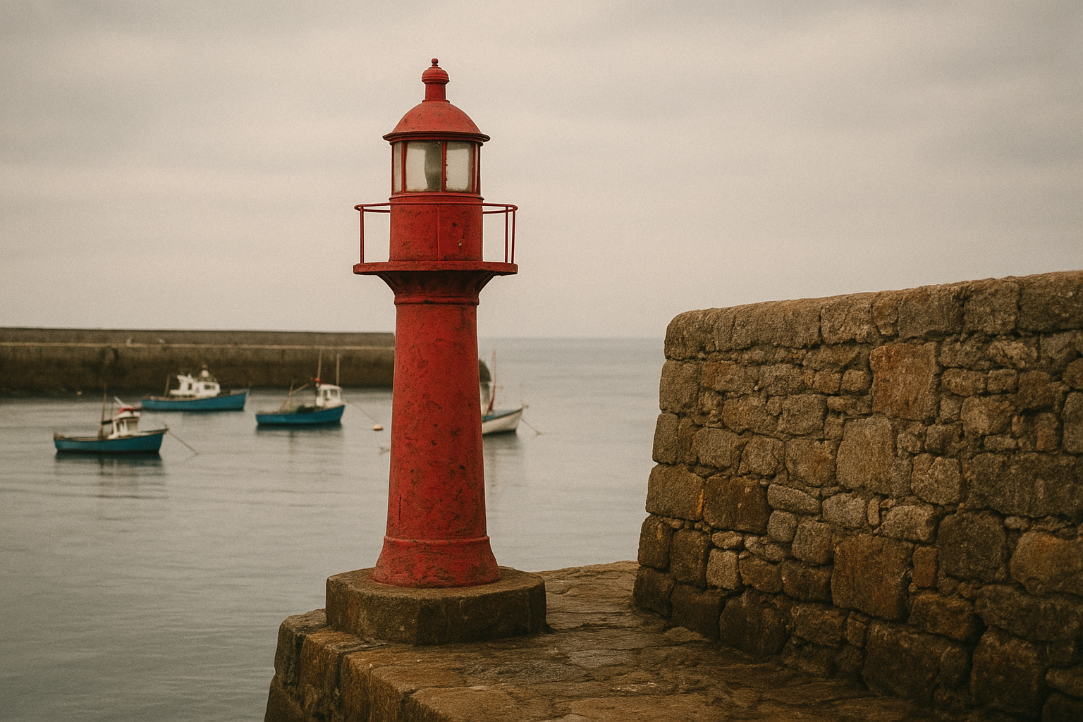 Compact red-painted harbor lighthouse beside a weathered stone breakwater at calm tide