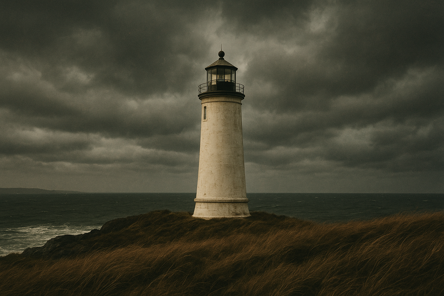 White cylindrical lighthouse above dark coastal grass under layered storm clouds