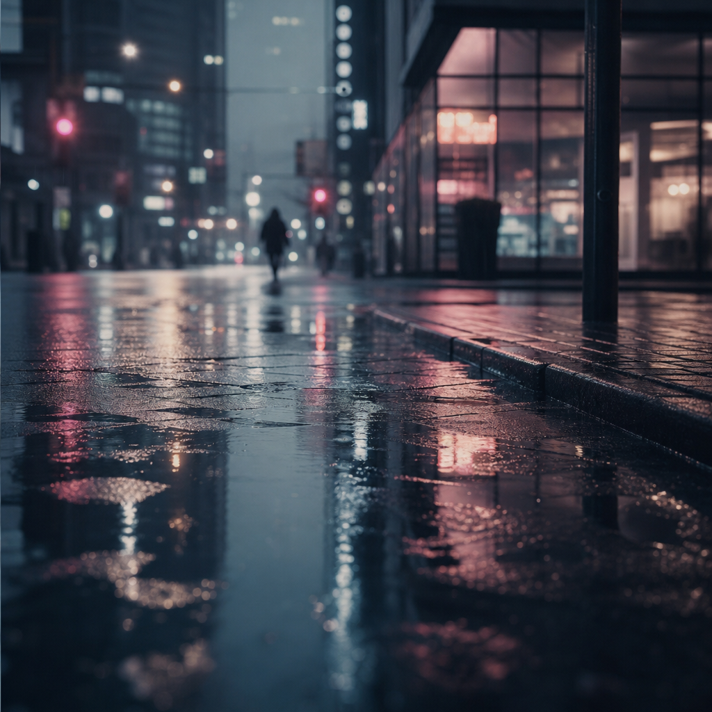 雨夜霓虹映照的街角