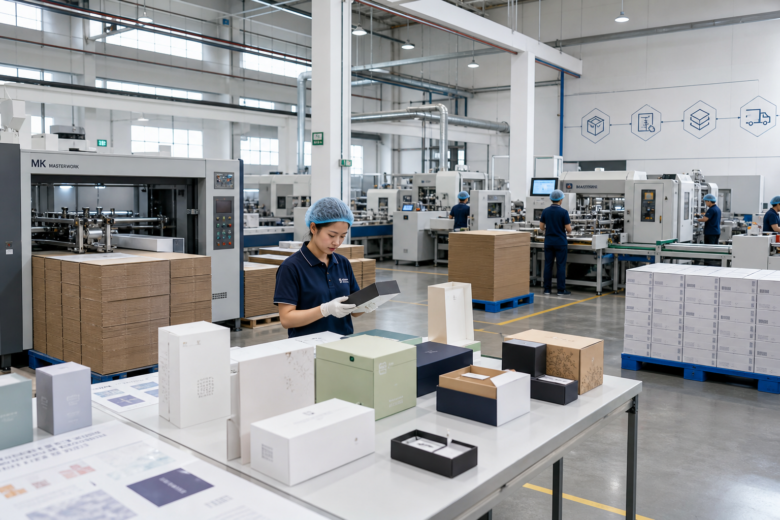 Clean packaging production line and quality inspection stations showing a standardized manufacturing environment