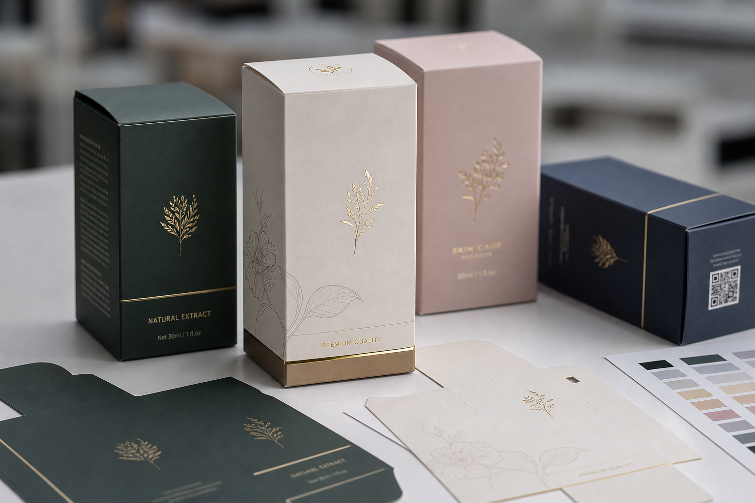 Close-up of premium folding carton finish with visible paper texture and foil stamping detail