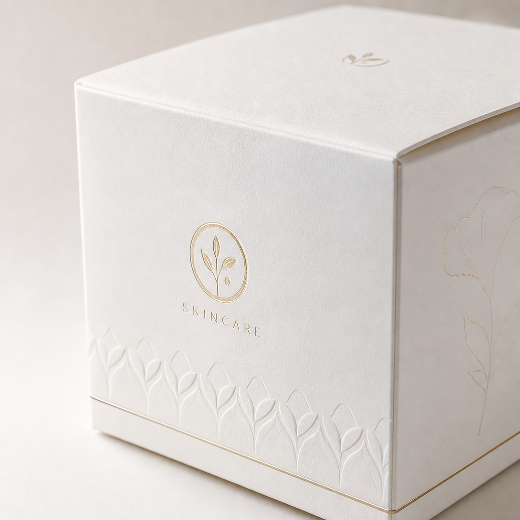 Close-up of premium skincare folding cartons with foil stamping details