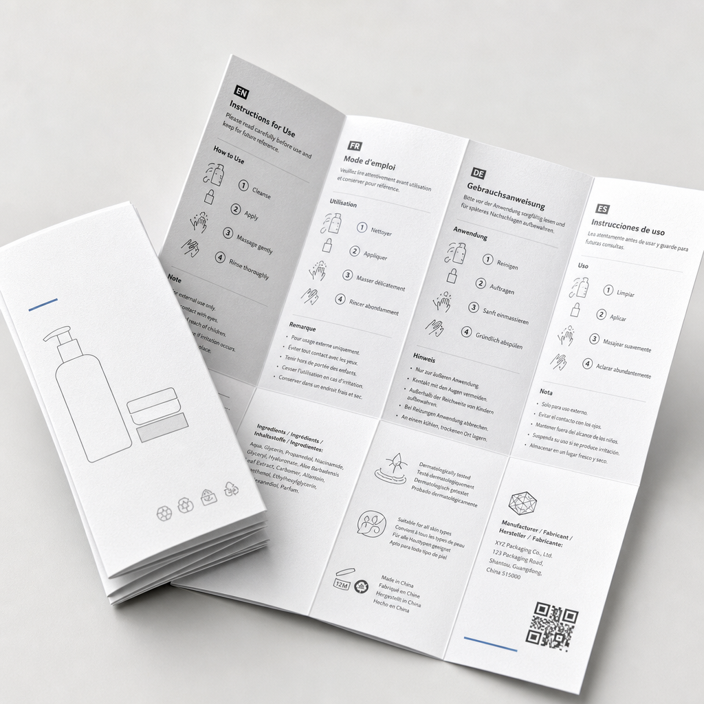 Close-up of multi-page folded instruction leaflets with detailed text and icon layout